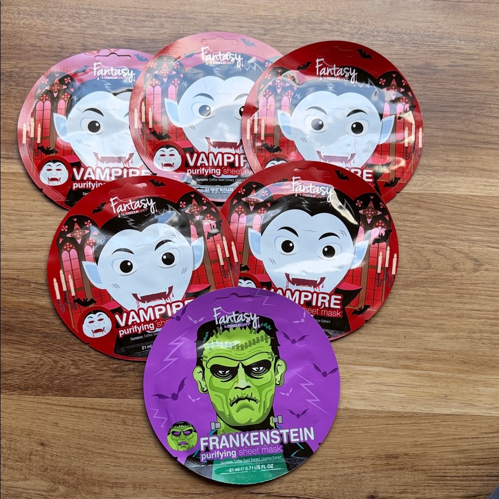 6 NEW Vampire and Frankenstein Face Sheet Masks - Red and Purple